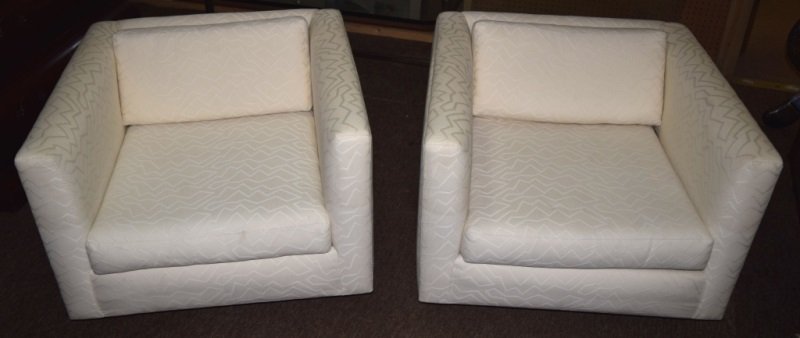 Pair 1980's White Cubed Upholstered Club Chairs: Pair of 1980's white cube shaped upholstered club chairs. Needs minor cleaning. 32" x 30" x 23" 1980's