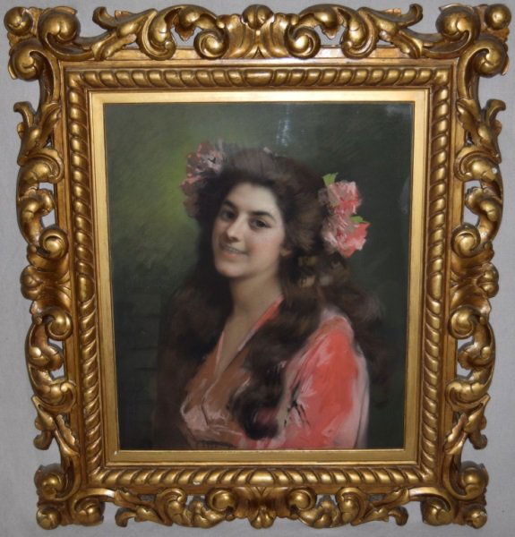 19C Art Nouveau "Girl in Red" by J. Wells Champney: Art Nouveau pastel on artist board "Girl in Red" signed in pencil by Champney, James Wells, b. 1843 d. 1903 American, minor foxing. and inside of glass needs cleaned not removed from frame. Art measur