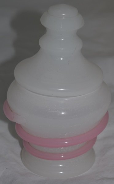 19C Bohemian Opaline Lidded Jar w Serpent &Cut Lid: 19th Century Bohemian opaline lidded jar decorated with a serpent and wheel cut lid at handle. 4.5" dia x 7.5" 1850's