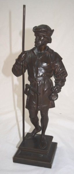 19thC Anatole J Guillot Bronze Renaissance Soldier: French Bronze Figure by, Anatole J. Guillot (1865-1911), Depicting a soldier in Renaissance style dress holding a Pike and armed with sword and axe.. Point has been lost on pike. Being re-sold due to