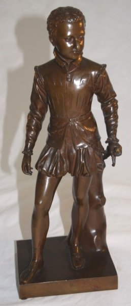 F Barbedienne Founduer Renaissance Prince w Sword: F Barbedienne Foundry, Renaissance prince with a sword. Finely cast bronze stamped with Reduction Mecanique, A. Collas Brevete foundry mark and foundry name inscribed to base. Original patina . Being 
