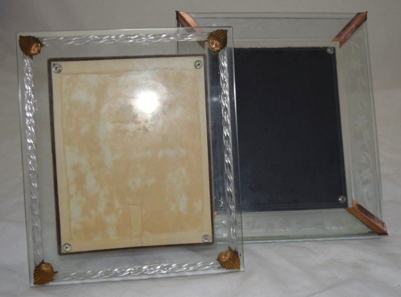 2 Art Deco Picture Frames w Etched & Rope Glass: 2 Art Deco picture frames with etched glass and brass corners, measures 12" x 1.5" x14". The frame with rope glass measures 11" x 1" x 13". 1920's