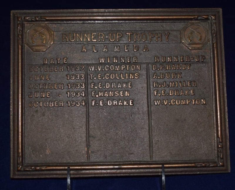 1930's Alameda, CA Bronze Pistol Shooting Trophy: 1930's Alameda, California bronze plaque with winners and runners up listed. Pistol shooting trophy shows the years 1932 through 1934 9" x .5" x 7" 1930's