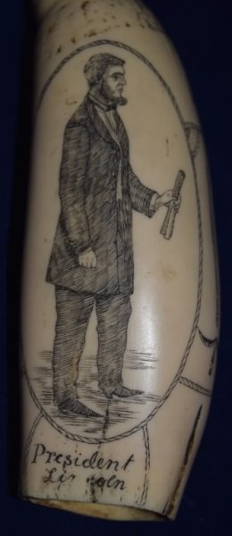 Scrimshawed Whales Tooth- Abe Lincoln & Southern *: Scrimshawed Whales Tooth, Abe Lincoln on one side & THE SOUTHERN STAR Sailing Ship on other side. 6.5" tall.