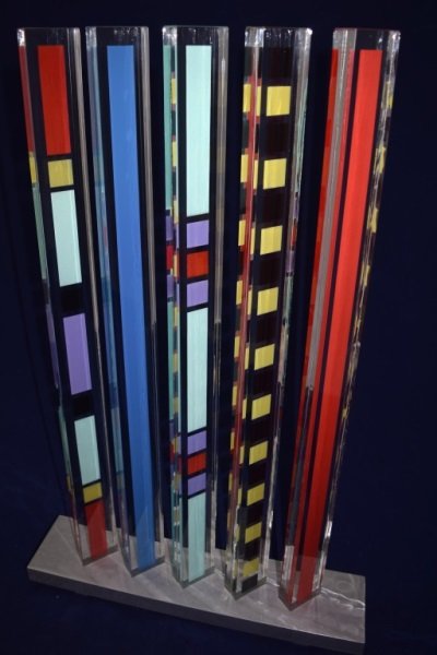 Kurt Runstadler "Native Spirit" Glass Sculpture: Runstadler Studios / Kurt Runstadler (American, 1955-2006) glass / metal sculpture titled "Native Spirit" 5/25. Cut, polished crystal plate glass wiuth hand painted geometric design work. Five individ