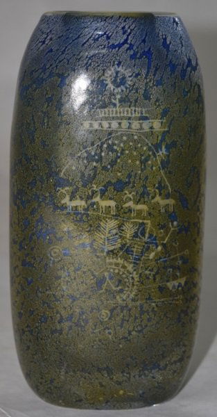 Goran Warff for Kosta Boda Etched Art Glass Vase: Goran Wärff design for Kosta Boda art glass vase with etched designs. 3.75" x 2.25" x7.75"