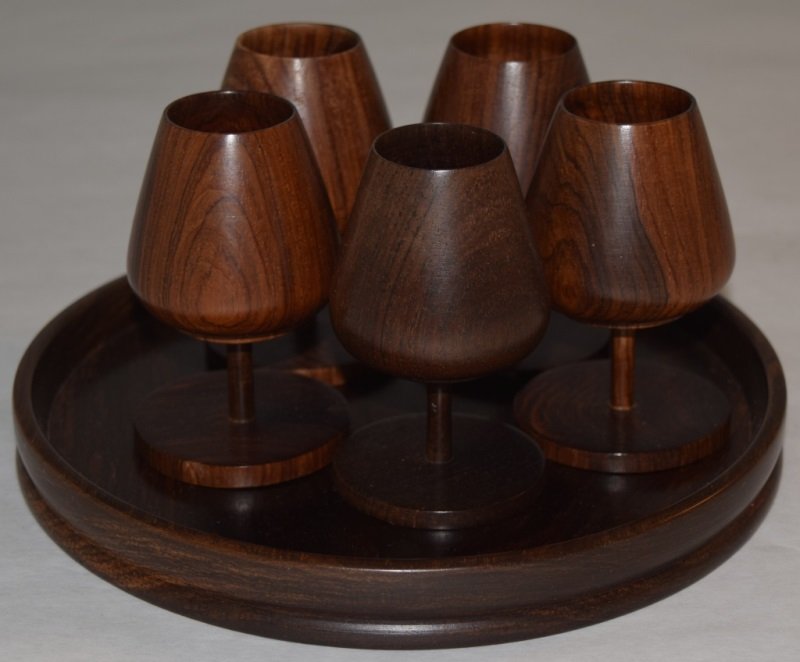 Danish Modern Teak Aperitif 6 piece Set: Danish Modern teak wood aperitif 6 piece set purchased from Illum, Bolighus Cophenhagen. see description 1960's