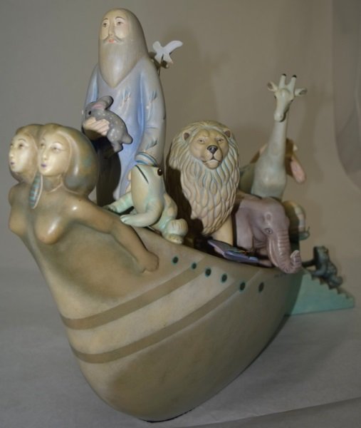 Sergio Bustamante Noah's Ark w Animals signed: Sergio Bustamante, Noah's Ark with an assortment of animals. signed by the artist. Has losses and damage can be easily restored. see photos 23" x 10" x 17"