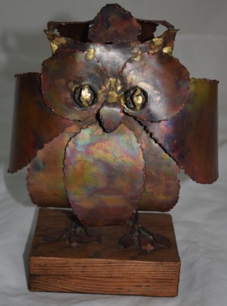1970's Copper Sculptural Owl manner of Jere: 1970's Copper sculptural owl on a wooden plinth in the manner of Jere'. 8" x 6" x 11.5" 1970's