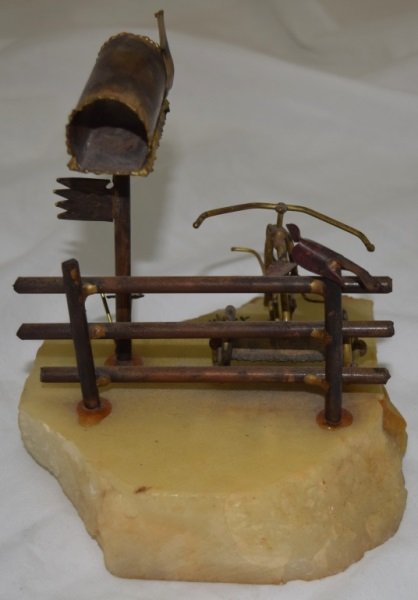 Copper & Brass Jere Style Sculpture w Rural Scene: 1970's Copper and brass Jere style sculpture mounted on onyx depicting a rural scene. Signed illegibly 6.5" x 7" x 7"