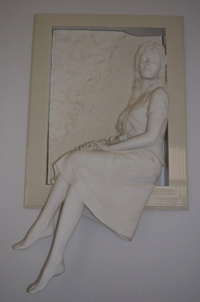 Bill Mack "Memories" Framed Bonded Sand Sculpture: Bill Mack (Russian, b.1945) "Memories" sculpture made from bonded sand. Bill Mack 51/120, inscribed upper left corner. Custom lacquered contemporary frame surrounds sculpture of female figure wearing 