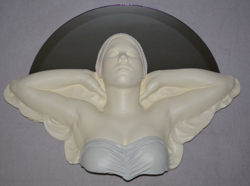 Marc Sijan "Hands To Head" 1985 - 28/100: Marc Sijan figural wall sculpture "Hands To Head" 28/100 with an Art Deco style mirror. Signed twice on back. 30" x 6" x 26" 1985