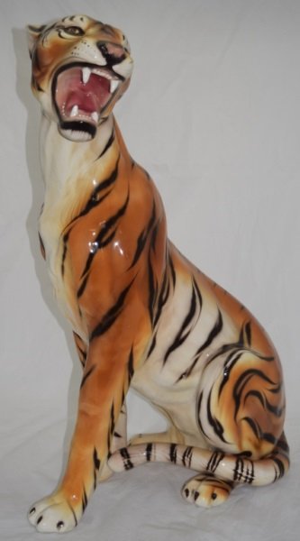 Hand Painted Ceramic Tiger Statue: Hand painted ceramic tiger figurine statue. 20" x 23" x 36" 1980's