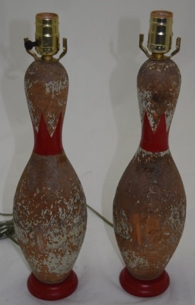 Pair Of Wooden Bowling Pin Lamps: Pair of lamps made from old wooden bowling pins. One lamp needs cord replaced. 4.5" dia x 16" h 1950's