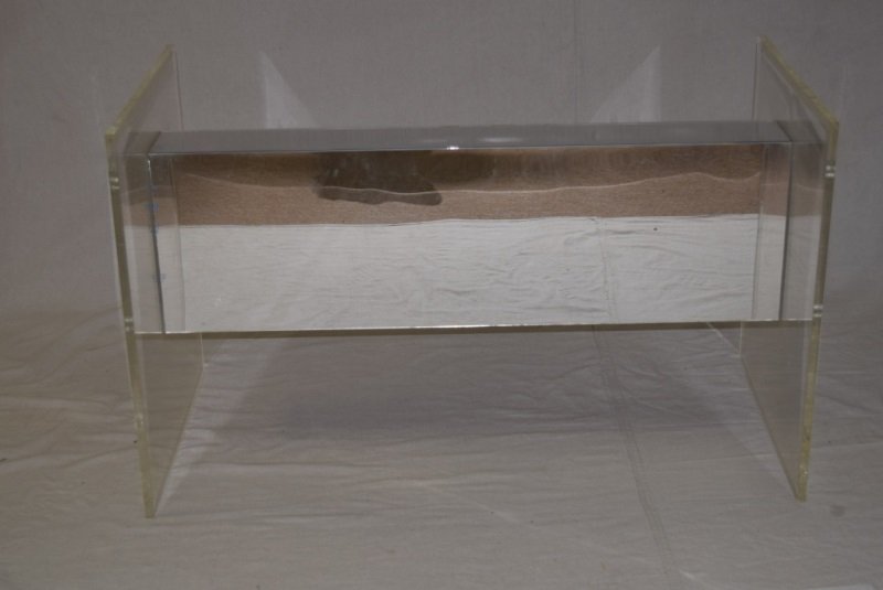 Lucite & Chromed Mirror Finish Dining Table: Lucite and chromed mirror finish glass top dining table. Minor wear see photos, Base measures 46" x 24" x 28", Glass measures 40" x 80" x 3/4" see description 1970's