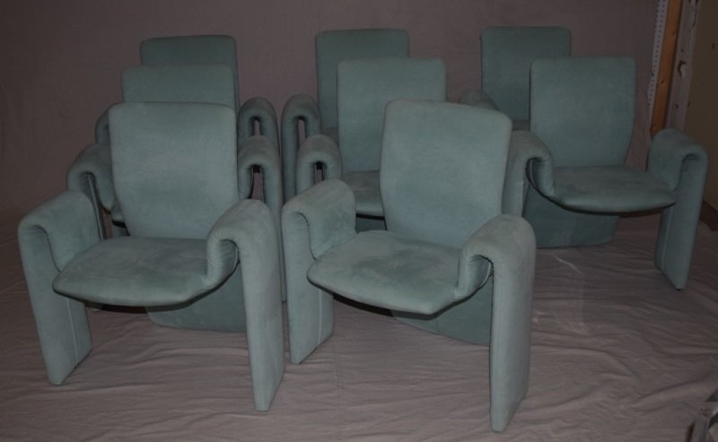 8 Chairs Steve Leonard for Brayton International: 8 Ultra suede soft green chairs designed by Steve Leonard for Brayton International Collection. Clean modern design with sweeping legs evocative of Pierre Paulin. 29" x 28" x 32" Mid-Century Modern