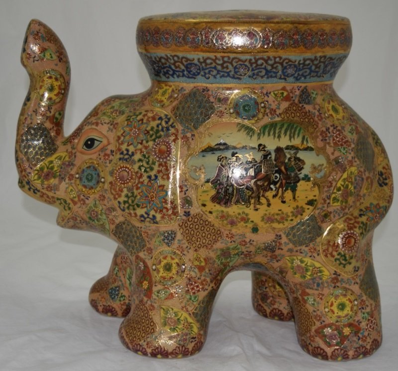 Satsuma Gold Gilt Elephant Garden Seat w/ Scene: Satsuma elephant garden seat. Heavy gold gilt with hand painted scenes on the sides. 22" x 10" x 19" 1980's
