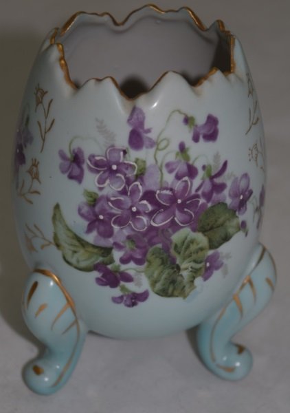 Hand Painted Dresden Egg Vase w/ Gold Gilt: Hand painted Dresden egg vase, gold gilt edges. Light blue ground with purple flowers, leaves and vines. 4" dia x 5" h 19th Century