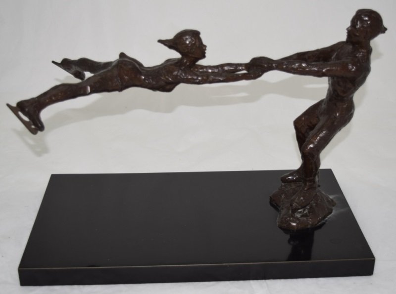Marc Mellon "Pole Arabian" Ice Skaters Bronze: Marc Mellon (American) "Pole Arabian" (Ice Skaters) bronze sculpture. Bronze sculpture of two ice skaters in motion. Inspired by American pair skaters Tai Gardner & Randi Babilonia. Mellon 83 2/8, Ins