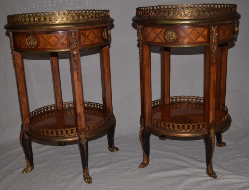 2 19th C Louis XVI Marble Top Gallerie Side Tables: Pair of 19th century Louis XVI marble top bronze mounted gallerie side tables. Each have working drawer. Fine inlaid marquetry detail with claw feet. 21" dia x 30 h 19th Century