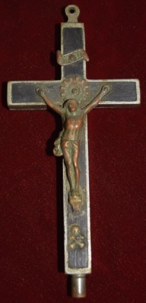 19thC Catholic Crucifix Reliquary w Birth Stones: 19th Century Bronze inlaid wood and nickel plated Catholic Crucifix contains a reliquary with birth stones, family name and papers. 2" x .5" x 4.75" 19th century