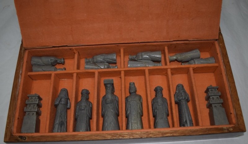 Chinese Carved Soapstone Chess Set w Wooden Box: Vintage Chinese carved soapstone chess set. Wooden box measures 17" x 8" x 4". Chess pieces measure 2.75" to 4.25" see description 1970's