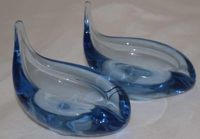 2 Holmegaard Per Lutken Art Glass Cigar Ashtrays: 2 Holmegaard Per Lutken art glass cigar ashtrays signed and numbered 6" x 4.5" x 4.5" 1960's Per Lutken