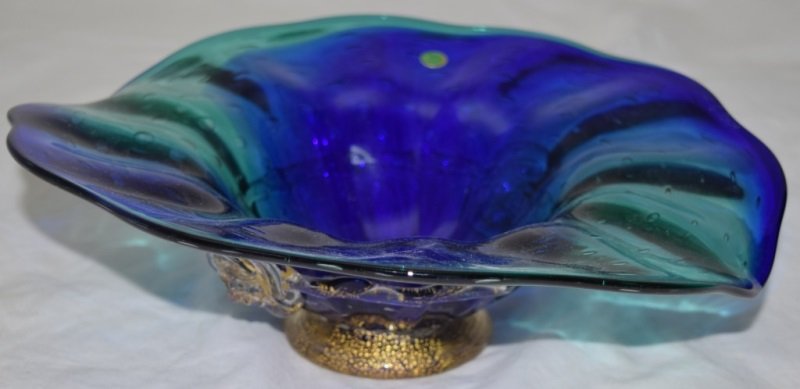 Murano Footed Bowl w Applied Lions signed Rossi: Murano footed bowl with applied lion medallions and rope details with gold fleck. Signed Rossi Murano 12" dia x 4" 1970's Rossi