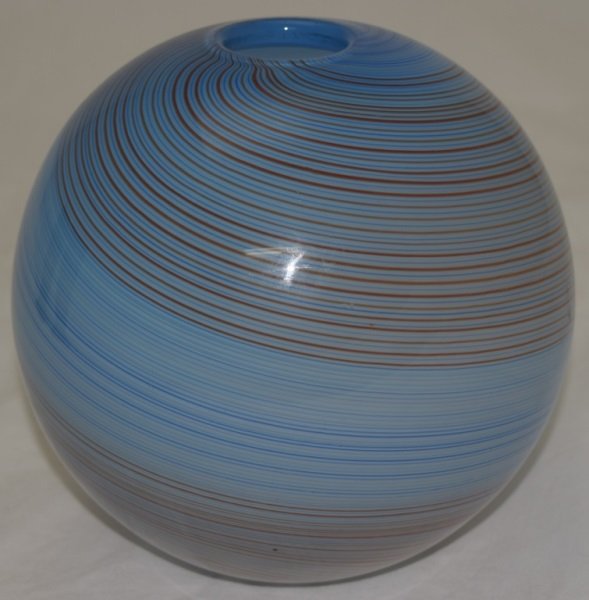 Murano Art Glass Ball Vase attributed to Venini: A blue and rust Murano ball vase attributed to Venini. In a spiral pattern of fine blue and rust lines, polished pontil, no mark. Couple of slight abrasions near bottom. 7.5" sphere 1970's