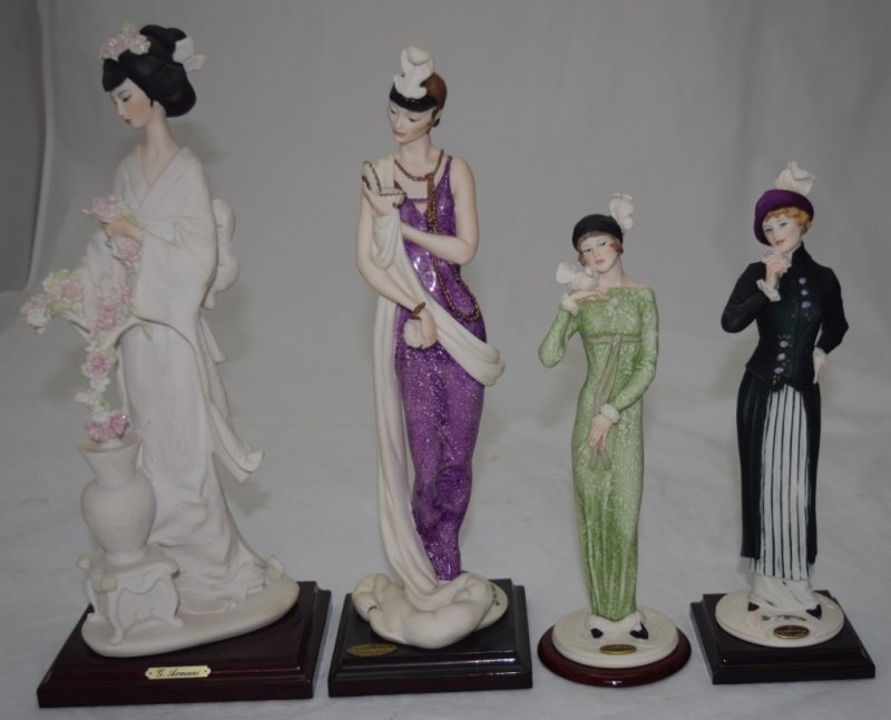 4 Giuseppe Armani Figures Geisha & Art Deco Style: GIUSEPPE ARMANI . Mounted on a base, bearing artist signature and Capodimonte mark 10" to13.5" tall 1980/90's
