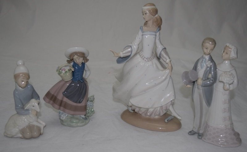 4 Lladro's; Princess, Groom & Bride, Farm Girl&Boy: 4 Lladro Figurine's consisting of a Cinderella 10" tall, bride and groom wedding cake topper 8" tall, a farm girl with a basket of flowers& a boy with a lamb, each 6.5" tall. see description 1980's/19