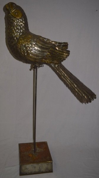 Large Sergio Bustamante Parrot on Perch 10/100 sgn: Large Sergio Bustamante Brass parrot on a perch, numbered 10/100 and signed Bustamante. Base of perch shows losses. Parrot is 50" x 14" x 25" on a 49" tall perch. see description 1970's Bustamante