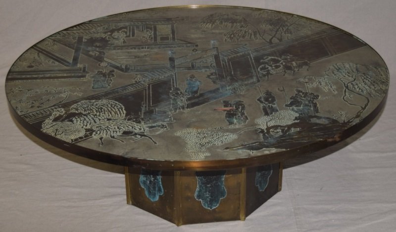Philip and Kelvin LaVerne Chan Coffee Table: Philip and Kelvin LaVerne Chan Coffee Table, acid-etched and enameled patinated brass and pewter over wood. table is in showroom condition. 47.5" x 17.5" 1965 Philip and Kelvin LaVerne