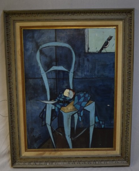 Charles Levier Still Life, "La Chaise Bleue". O.C.: Charles Levier (American/French, 1920-2003), still life of a chair. La Chaise Bleue. Signed on front & back. See photos, art measures 29" x 39" Frame measures 40" x 50" see description 1960's Charles