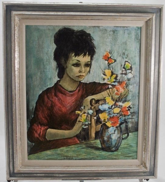 Woman w/ Flowers Manner of Charles Levier: Woman w/ Flowers Manner of Bernard Buffet or Charles Levier unsigned oil on masonite from a collection of French mid century paintings. Art measures 20" x 24" Frame measures 27" x 32" See Description