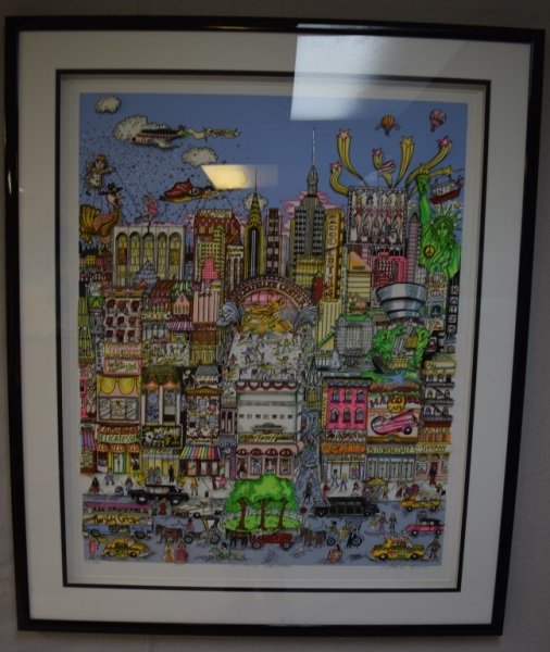 Charles Fazzino 3-D Pop Art "I'll Take Manhattan": Charles Fazzino 3-D Pop Art "I'll Take Manhattan" 267/400, Art measures 29" x 37", Frame measures 36.5" x 46" see description Charles Fazzino