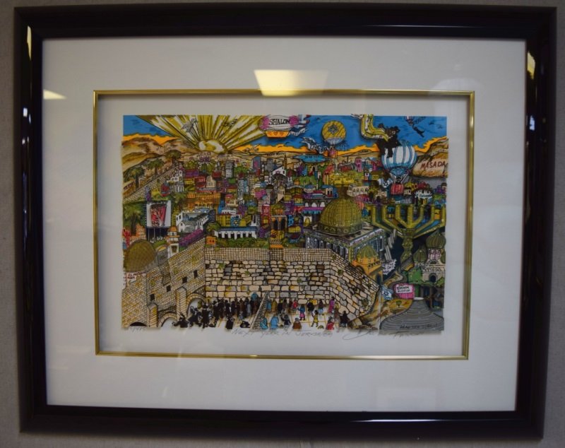 Charles Fazzino Next Year in Jerusalem 3-D Pop Art: Charles Fazzino signed original 3-D Cut Out Serigraph titled "Next Year in Jerusalem." Limited edition print numbered 385 of 475. Piece measures 18" x 13" and 27" x 21 1/2" with frame. Accompanied wit