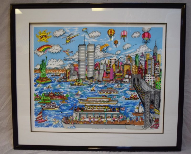 Charles Fazzino Gateway to New York 3-D Pop Art: Charles Fazzino signed original 3-D Cut Out Serigraph titled "Gateway to New York." Limited edition print numbered 193 of 400. Piece measures 37" x 30" and 47" x 41" with frame. Accompanied with certi