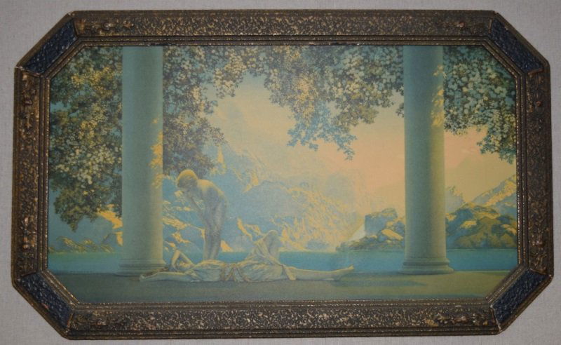 Maxfield Parrish Lithograph by House of Art N.Y.: Maxfield Parrish, Lithograph by House of Art N.Y., signed in stone Maxfield Parrish in the original Arts & Crafts frame. No glass. 20.5" x 12.5" 1920