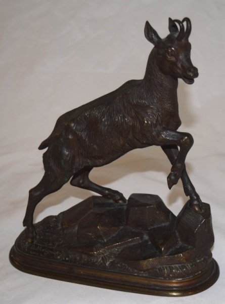 19thC sg Jules Moigniez, Bronze Mountain Goat: Signed Jules Moigniez (French, 1835-1894) mountain goat standing on rocks. Being re-sold due to non-paying bidder. 10.5" x 5" x 12" 19th century