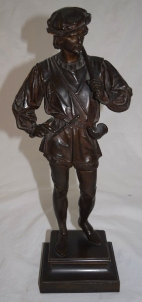 19thC Anatole J Guillot Bronze Renaissance Soldier: French Bronze Figure by, Anatole J. Guillot (1865-1911), Depicting a soldier in Renaissance style dress holding a mace handle. Mace head has been lost. Being re-sold due to non-paying bidder. 7" x 5"