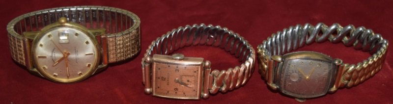 Bulova & Benrus Tank Watches w Bouchard Automatic: Bulova and a Benrus gold filled, mechanical tank watches 7/8" x 1 1/4" and an Andri Bouchard 17 jewels automatic calendar men's wrist watch, measures 1.25" dia. All are in working condition. see descr