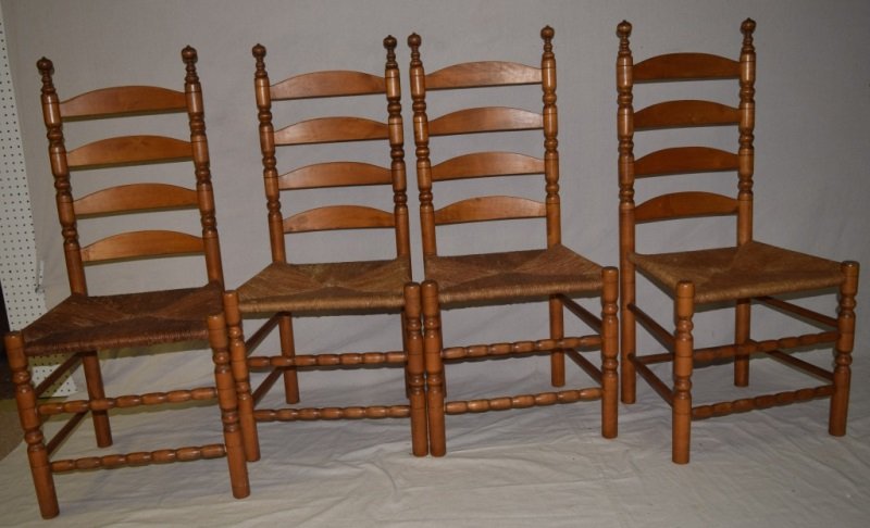 4 19thC Rush Seat Ladder Back Mapple Chairs: 4 19th century rush seat ladder back maple chairs. 20" x 17" x 43" 19th Century