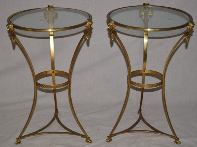 2 Gueridon Brass Tables Figural w Claw Feet: 2 Gueridon brass and glass topped tables, Art Nouveau figural mounts, well chased detailing with claw feet. 13.5" dia x 20" 1900