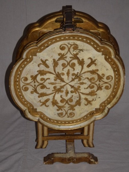 4 French Giltwood Nesting Tables/ Trays w/ Stand: French giltwood nesting tables with stand. 22" dia x 20 h 19th Century