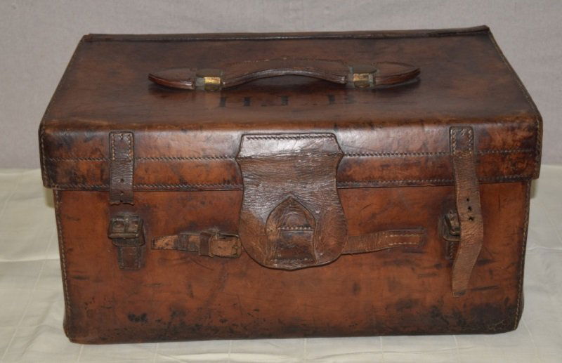 19thC Leather & Brass Mounted Traveling Hat Trunk: 19th Century leather and brass mounted traveling hat trunk. loss to one strap 20" x 14" x 10"