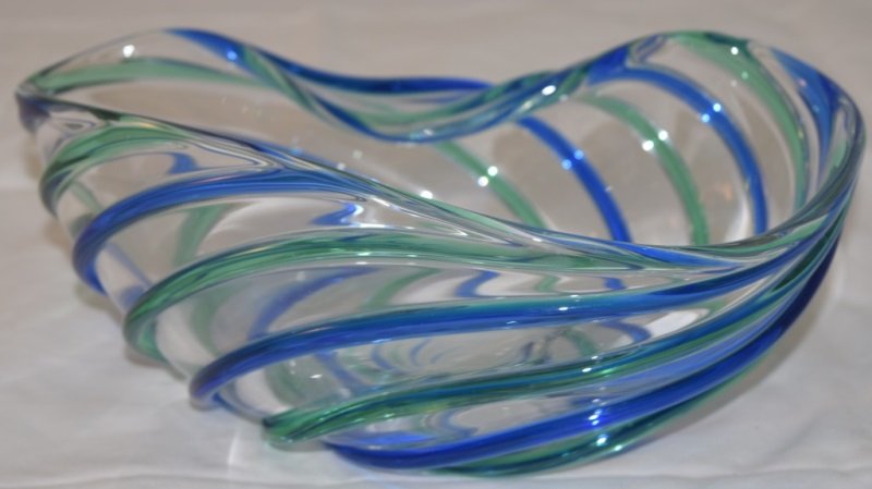 Archimede Seguso Blue Green Ribs on Clear Bowl: Archimede Seguso blue and green high ribbed clear glass bowl. Signed on base 9.5" x 7" x 4"