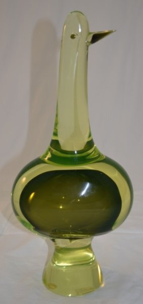 Lg 60's Glass Penguin Sculpture sg Cenedese Murano: 1960's Art glass penguin sculpture signed "Cenedese Murano" Cased green glass cubist form. 6.5" x 4" x 15.5"