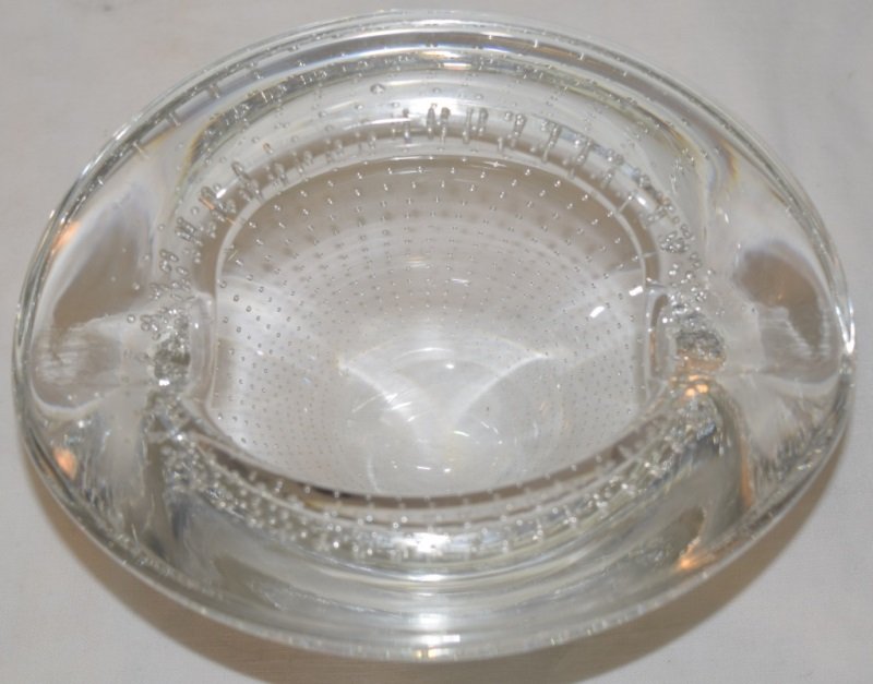 Steuben Art Glass Controlled Bubble Cigar Ashtray: Steuben controlled bubble cigar ashtray. From the collection of a retired Corning Glass Co. employee. 6" x 5" x 3"