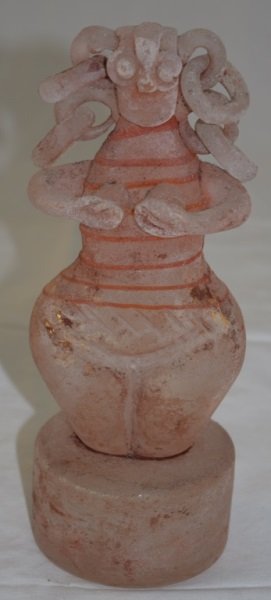 Scavo Art Glass Nude Female Tribal Figure Barbini: Italian primitive form scavo art glass figure of a squat fat woman attributed to Alfredo Barbini unsigned. Scavo finish with colored banding and gold over clear glass. 3.5" x 3.25" x 9"